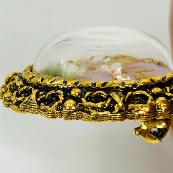 Vintage Bubble Brooch Pressed Flowers Antique Gold - Picture 3 of 9